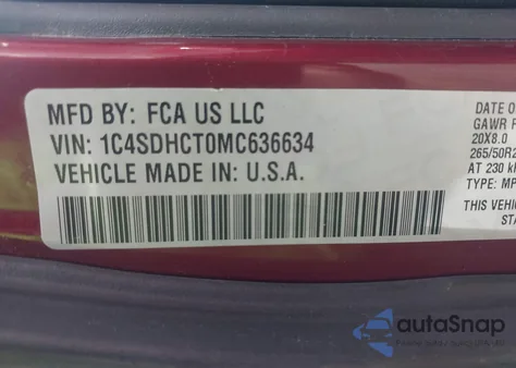 2021 Dodge Durango R/T Rwd z USA, uszkodzony, nr VIN 1C4SDHCT0MC636634